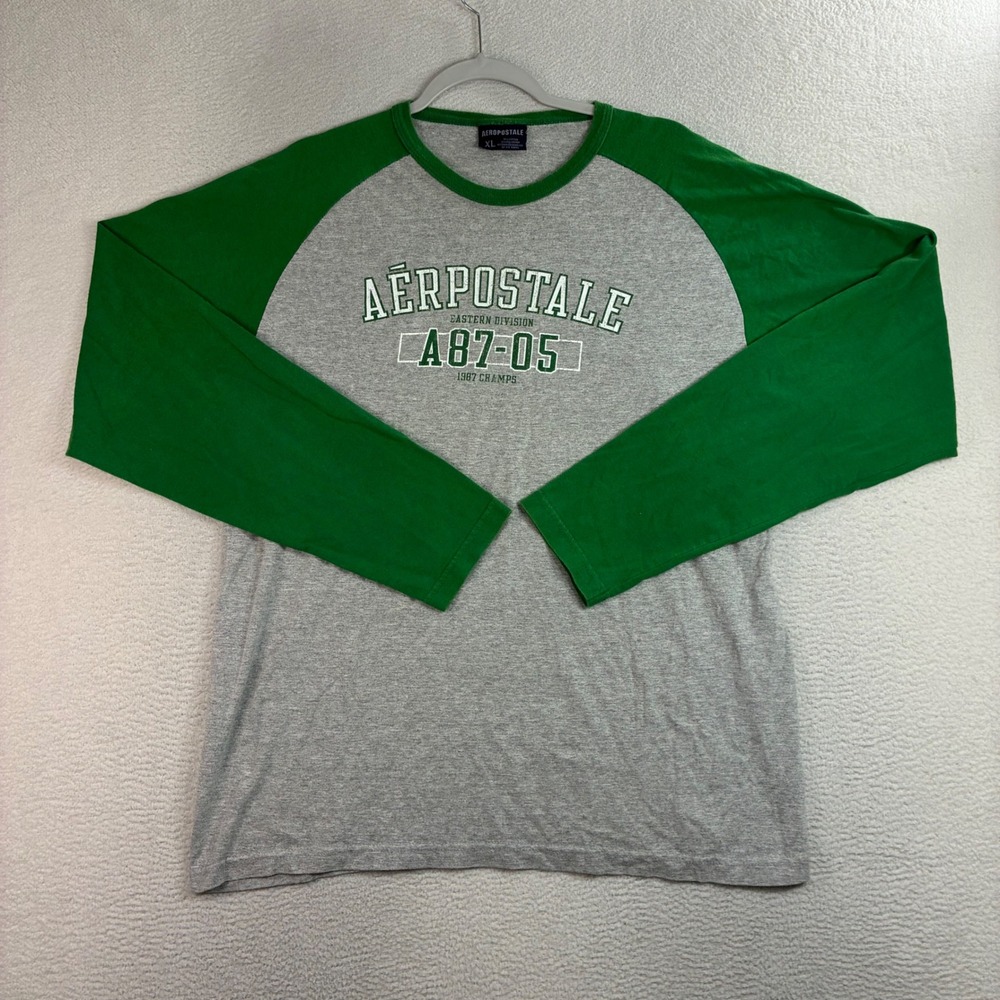 Vintage Aeropostale Graphic T Shirt Men XL Grey‎ Green Long Sleeve Raglan Y2K
